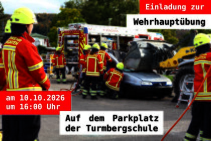 Wir laden hiermit alle interessierten Mitbürger:innen zur unserer Werhauptübung ein! Wie bei jeder Wehrhauptübung möchten wir unseren Mitbürger:innen gefahrlos einen Einblick in das Geschehen und die Abläufe wärend eines Einsatzes ermöglichen und einen Eindruck unserer Tätigkeiten für Jung und Alt geben. Nach der Übung gibt es die Gelegenheit sich alles aus nächster Nähe anzusehen und auch „anfassen“ zu können. Termin: 10.10.2025 Beginn: 16:00 Uhr Ort: Auf dem Parkplatz der Turmbergschule Weingarten Wir freuen uns auf zahlreiche Besucher!
